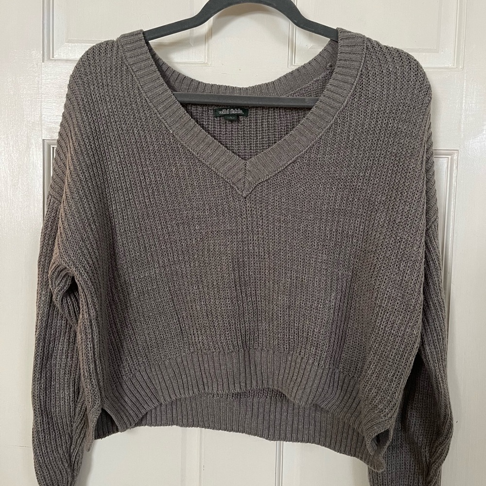 Grey Cropped V Neck Sweater